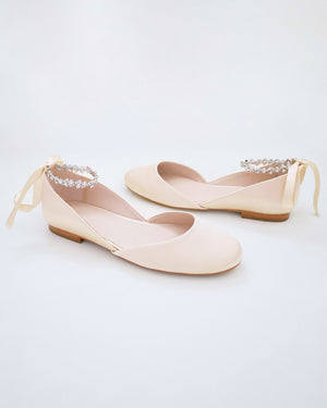 Satin Round Toe Evening Flat with Amaryllis Strap