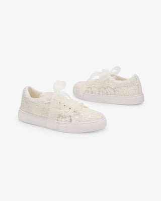 Ivory Crochet Lace Wedding Platform Sneakers with Sheer Organza Laces