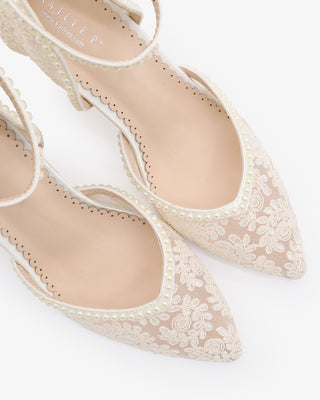 Ivory Bridal Lace Block Heel with Mini Pearls