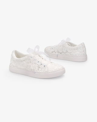 White Crochet Lace Wedding Platform Sneakers with Sheer Organza Laces