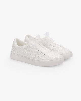 White Crochet Lace Wedding Platform Sneakers with Sheer Organza Laces