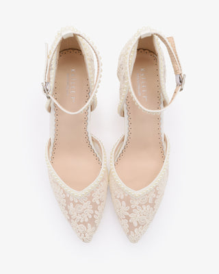 Ivory Bridal Lace Block Heel with Mini Pearls