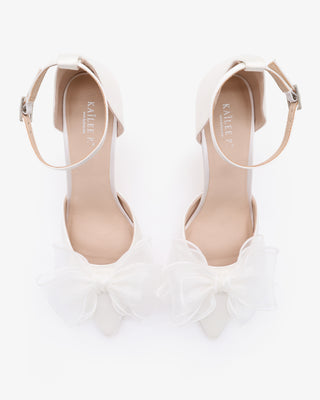 White Satin Stilleto Heels with Layered Organza Bow for Brides