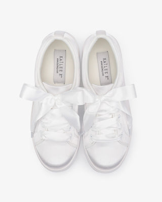 White Satin Wedding Platform Sneakers with Satin Lace Bow