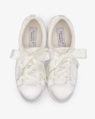 Ivory Satin Wedding Platform Sneakers with Satin  Lace Bow, Bridal Shoes