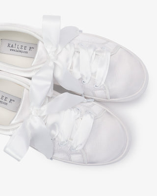 White Satin Wedding Platform Sneakers with Satin Lace Bow