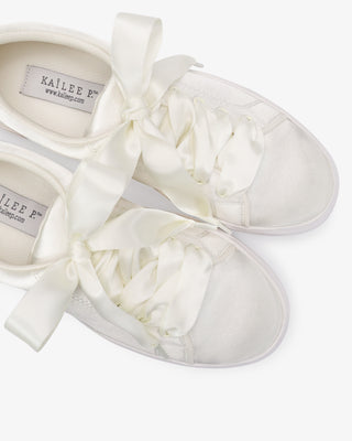 Ivory Satin Wedding Platform Sneakers with Satin  Lace Bow, Bridal Shoes