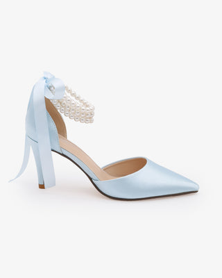 Light Blue Satin Wedding Heels with Trinity Pearl Wrap Bridal Shoes