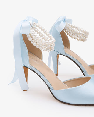 Light Blue Satin Wedding Heels with Trinity Pearl Wrap Bridal Shoes
