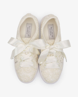 Ivory Crochet Lace Wedding Platform Sneakers with Satin Laces