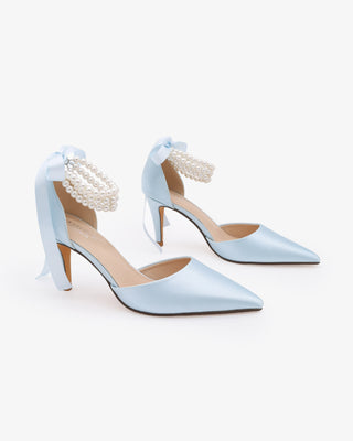 Light Blue Satin Wedding Heels with Trinity Pearl Wrap Bridal Shoes