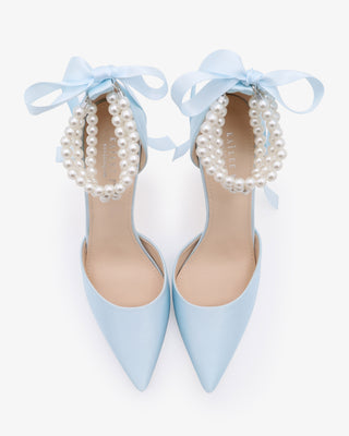 Light Blue Satin Wedding Heels with Trinity Pearl Wrap Bridal Shoes