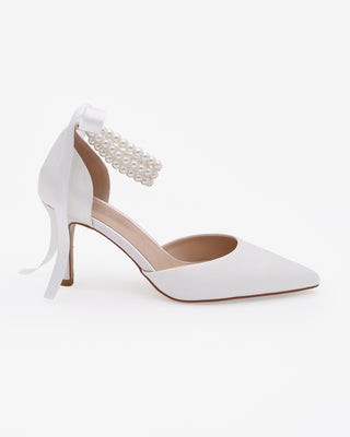 White Satin Stiletto Heels with Trinity Pearl Wrap Bridal Shoes