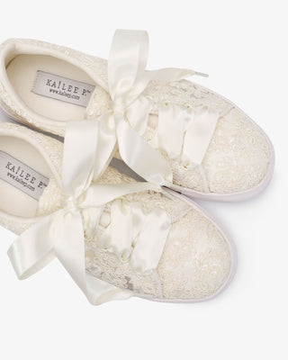 Ivory Crochet Lace Wedding Platform Sneakers with Satin Laces