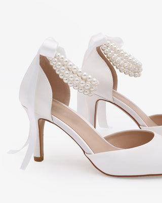 White Satin Stiletto Heels with Trinity Pearl Wrap Bridal Shoes