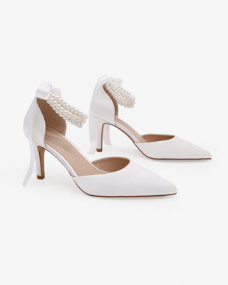 White Satin Stiletto Heels with Trinity Pearl Wrap Bridal Shoes
