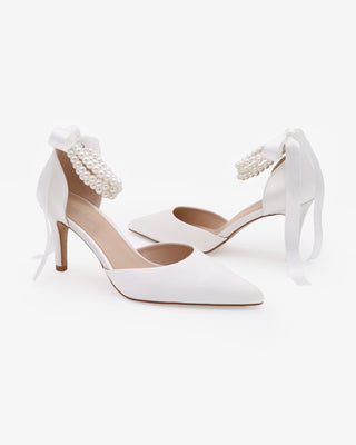 White Satin Stiletto Heels with Trinity Pearl Wrap Bridal Shoes
