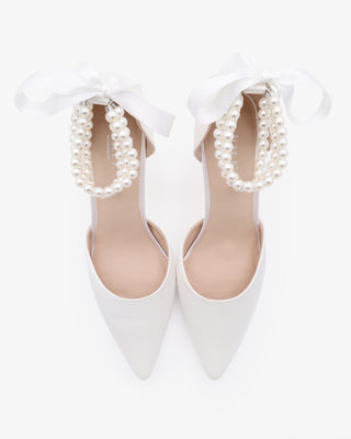 White Satin Stiletto Heels with Trinity Pearl Wrap Bridal Shoes