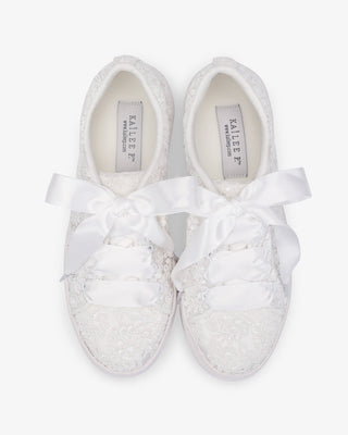 White Crochet Lace Wedding Platform Sneakers with Satin Laces