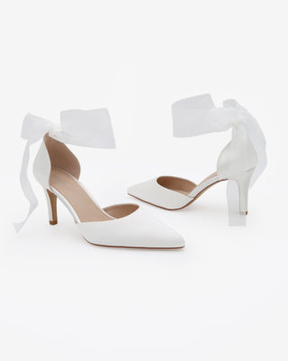 White Satin Wedding Heels With Ankle Ribbon