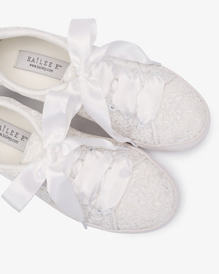 White Crochet Lace Wedding Platform Sneakers with Satin Laces