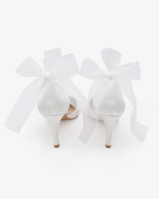 White Satin Wedding Heels With Ankle Ribbon