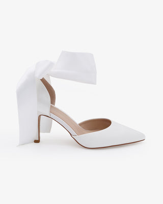 White Satin Wedding Heels With Ankle Ribbon