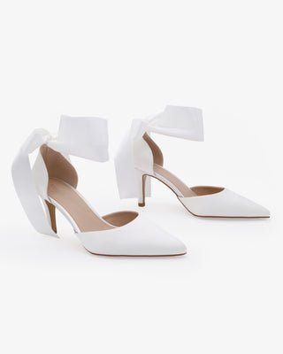 White Satin Wedding Heels With Ankle Ribbon