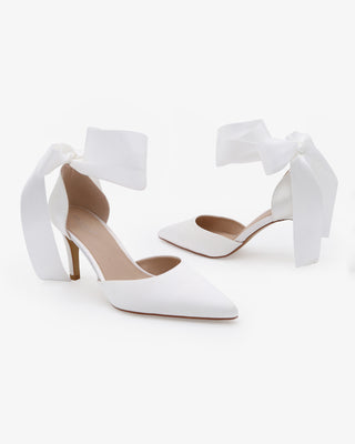 White Satin Wedding Heels With Ankle Ribbon