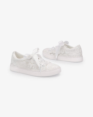 White Crochet Lace Wedding Platform Sneakers with Satin Laces