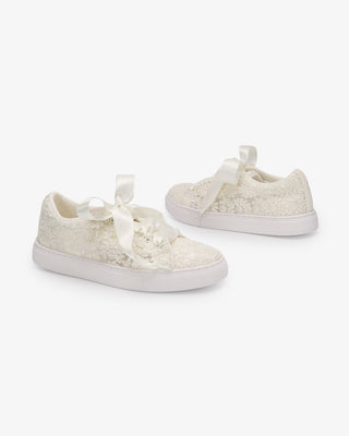 Ivory Crochet Lace Wedding Platform Sneakers with Satin Laces