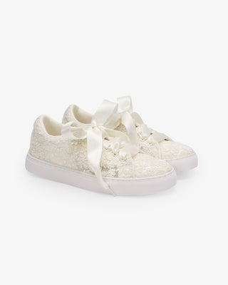 Ivory Crochet Lace Wedding Platform Sneakers with Satin Laces