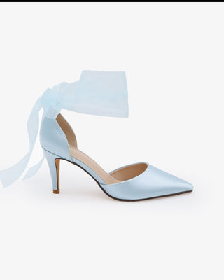 Light Blue Satin Wedding Heel with Sheer Wrapped Ankle Tie