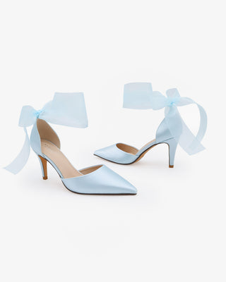 Light Blue Satin Wedding Heel with Sheer Wrapped Ankle Tie