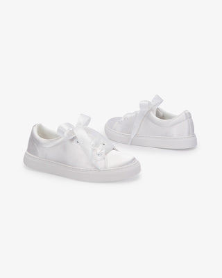 White Satin Wedding Platform Sneakers with Satin Lace Bow