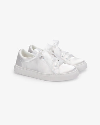 White Satin Wedding Platform Sneakers with Satin Lace Bow