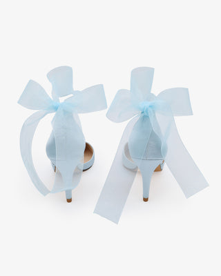 Light Blue Satin Wedding Heel with Sheer Wrapped Ankle Tie