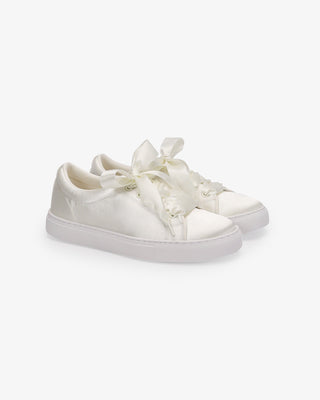 Ivory Satin Wedding Platform Sneakers with Satin  Lace Bow, Bridal Shoes