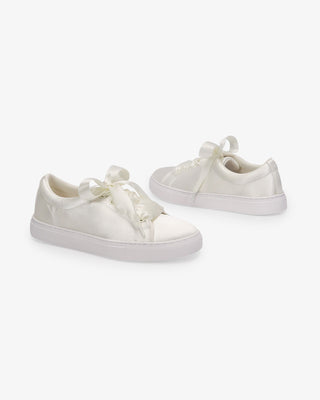 Ivory Satin Wedding Platform Sneakers with Satin  Lace Bow, Bridal Shoes