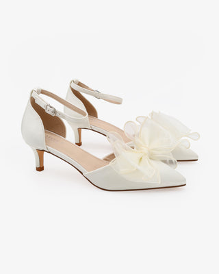 Ivory Satin Pointy Toe Wedding Kitten Low Heel with Layered Organza Bow
