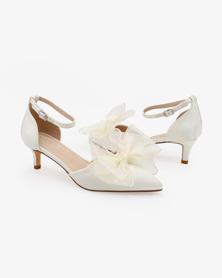 Satin Pointy Toe Wedding Kitten Low Heel with Layered Organza BowWomen Shoes