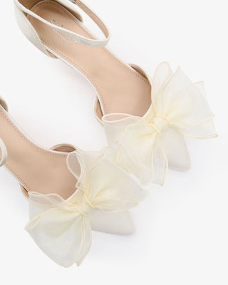 Ivory Satin Pointy Toe Wedding Kitten Low Heel with Layered Organza Bow