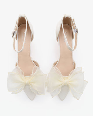 Satin Pointy Toe Wedding Kitten Low Heel with Layered Organza BowWomen Shoes