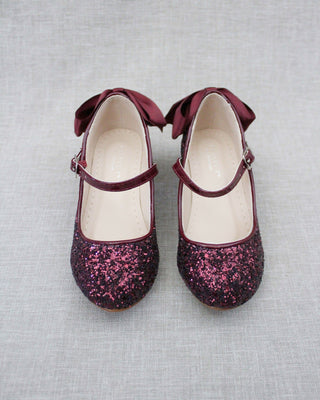 Rock Glitter Mary Jane Heels with Satin Bow for Girls