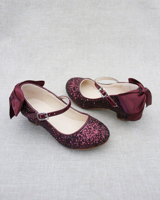Rock Glitter Mary Jane Heels with Satin Bow for Girls