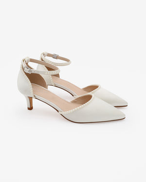 Satin Pointy Toe Kitten Low Heel with Mini Pearls