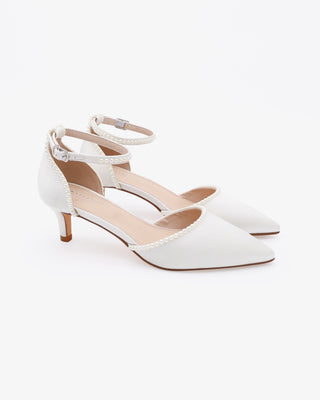 White Satin Pointy Toe Kitten Low Heel with Mini Pearls