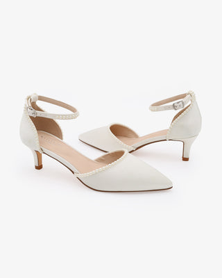 Ivory Satin Pointy Toe Kitten Low Heel Wedding Shoes with Mini Pearls