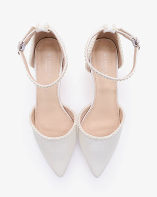Satin Pointy Toe Kitten Low Heel with Mini PearlsWomen Shoes