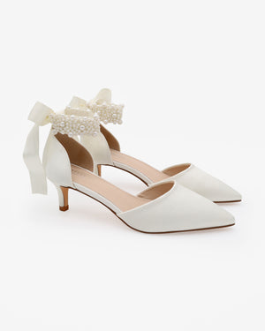 Satin Pointy Toe Kitten Low Heel with Perla Ankle Strap